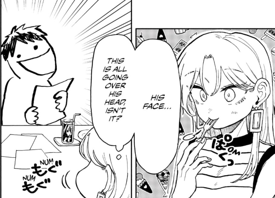 A panel from the manga 'Hope You're Happy Lemon' showing Lemon looking at her friend's face, thinking about how their discussion is going over his head.