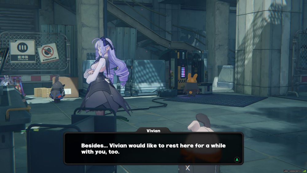 A screenshot of Vivian in Zenless Zone Zero speaking about herself in third person. 