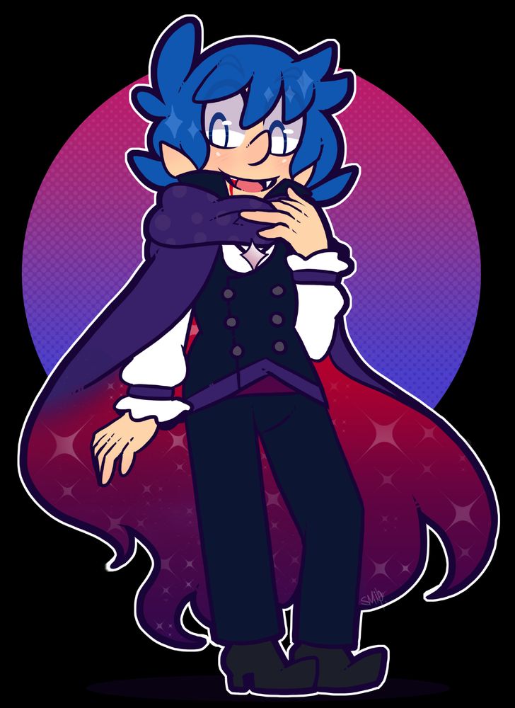 My original character, Edo as a vampire. He's wearing a traditional vampire outfit, his shifting scarf has turned into the cape for it. You can see some blood spilling down from one of his fangs. This is a full body version of the art by Shay (https://bsky.app/profile/jellyfilledzombies.bsky.social)