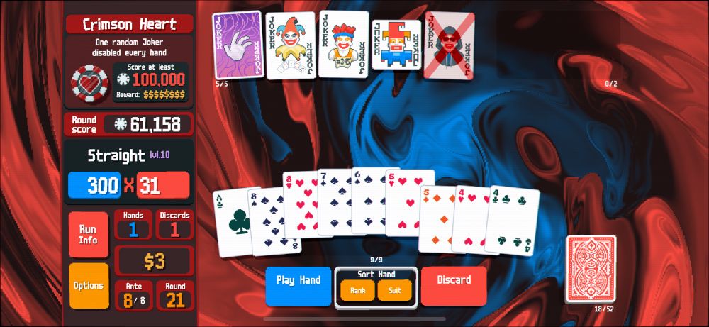 Balatro screenshot, final hand of a 4-card straight run on the ante 8 Crimson Heart blind