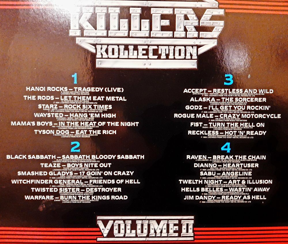 Rear cover of the gatefold outer sleeve of the double LP, "Metal Killers Kollection: Volume II", showing the insanely awesome track listing.