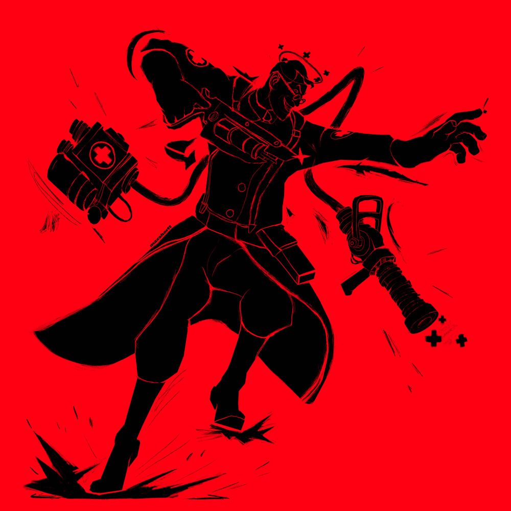 Medic in attacking pose with Ubersaw in hand with the Medigun floating behind in red & black minimalistic style.