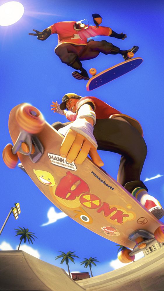 Fisheye-lens illustration of Scout and Pyro skateboarding on the background of clear blue sky 