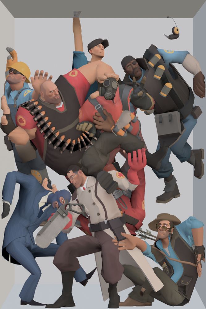 Unfinished vertical render of mercenaries from both teams are posing stuck "inside of frame" as if the space is very tight for all for Steam custom banner. Dated the april 23th. 
