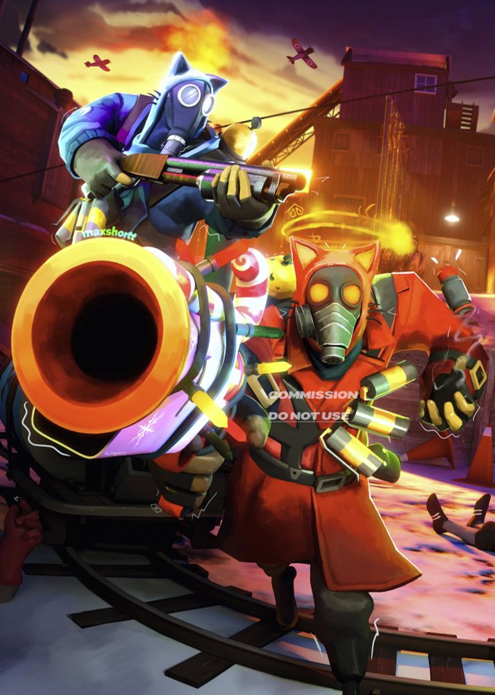 two attacking Pyros (both with cat ears), RED and BLU, rushing into the camera, the BLU on behind is facing to the right aiming a shotgun, a RED Pyro is looking on viewer and running, while preparing to maliciously shoot from their festive flare gun.