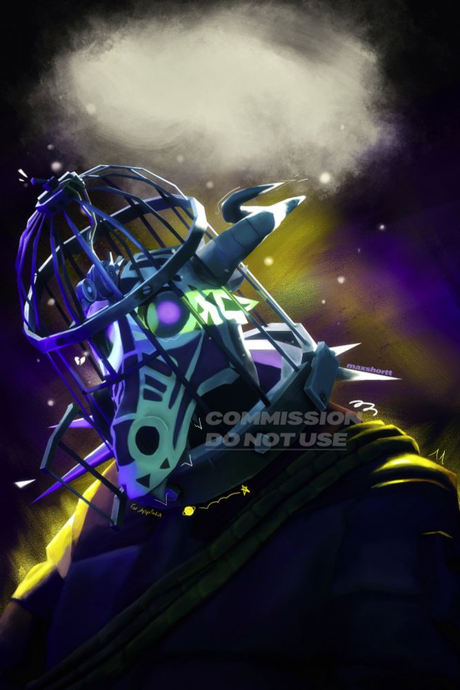 Vertical ratio bust of a Pyro on a purple/yellowish glowing background with a Blizzardy Storm effect above the head.