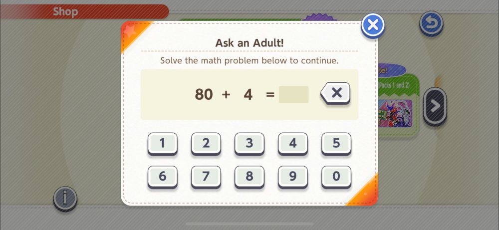Pokémon Friends App asking an adult to solve 80+4 math problem before purchase