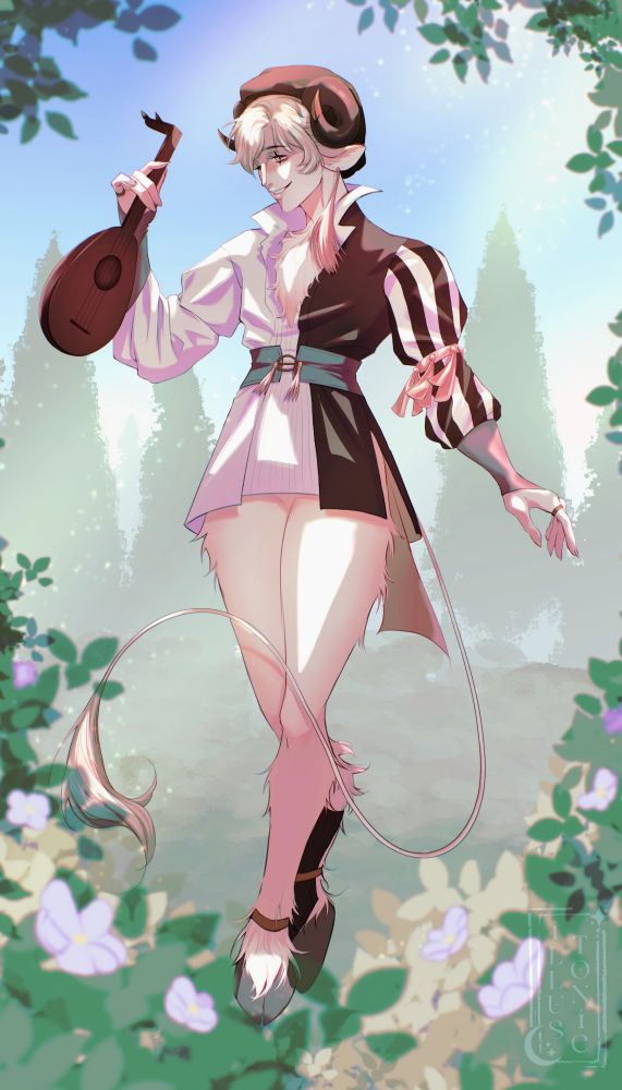 A fawn standing in a grassy field, sunlit and warm, holding a mandolin 