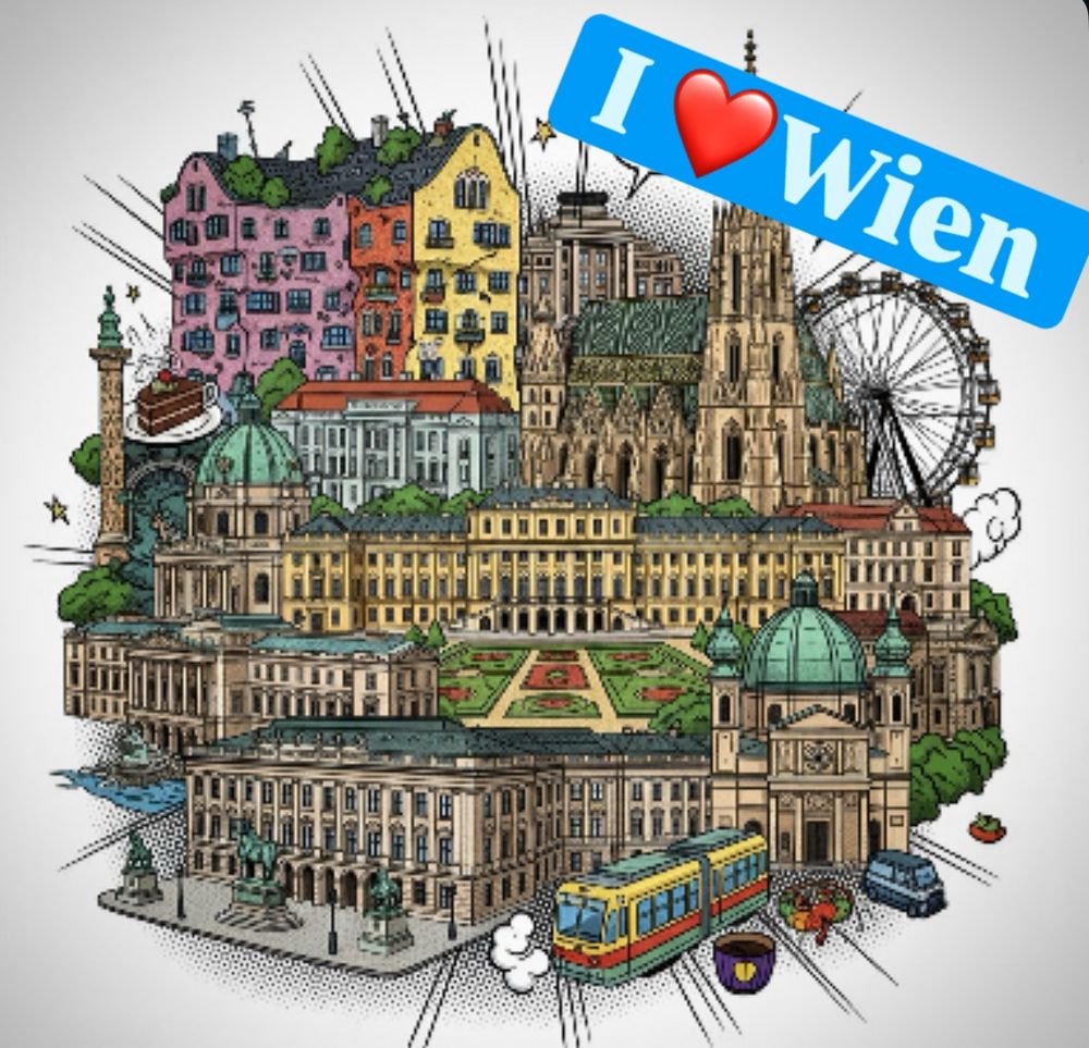 Eine Collage aus Wahrzeichen von Wien mit dem Text darüber. I love Wien.