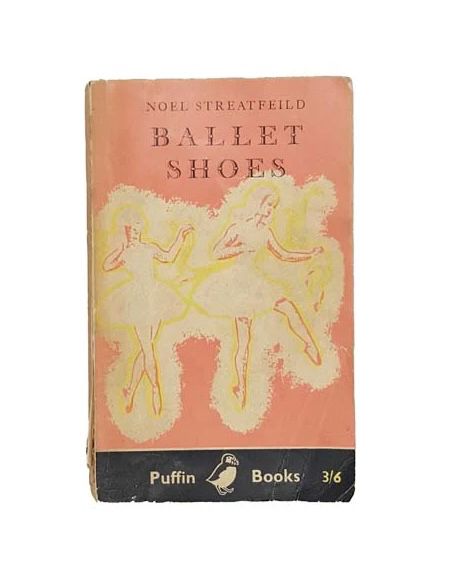 Vintage cover of Ballet Shoes by Noel Streatfield. Shows 2 girls in a faded white drawing dancing ballet, on a pink background. 