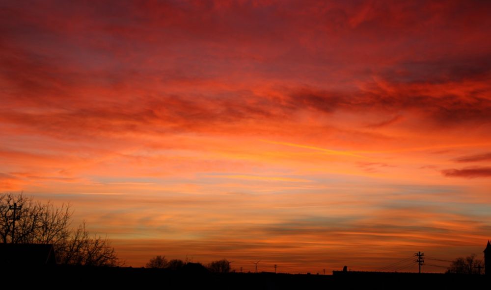 Das Bild zeigt einen atemberaubenden Sonnenuntergang mit einem Himmel, der in lebendigen Farben wie Orange, Rot und Violett leuchtet. Diese Farben entstehen durch die Streuung des Sonnenlichts in der Atmosphäre, wenn die Sonne am Horizont steht. Schwarze Silhouetten von Bäumen und Gebäuden sind im Vordergrund zu sehen. 