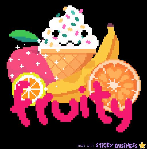 Photo of a sticker I made in the game Sticky Business. It shows an apple, a vanilla ice cream cone with sprinkles and an "owo" face, a banana, and an orange slice on it with the word "fruity" at the bottom. 