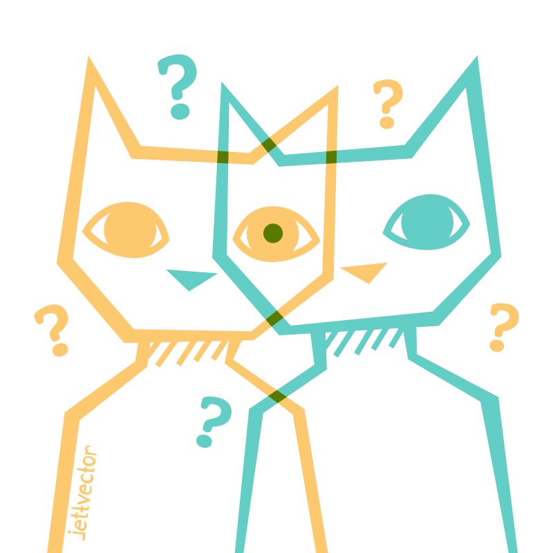 art of two cat people from the shoulders up overlapping like a venn diagram. their faces intersect at one eye with a visible pupil. they’re looking at the viewer with question marks surrounding their heads