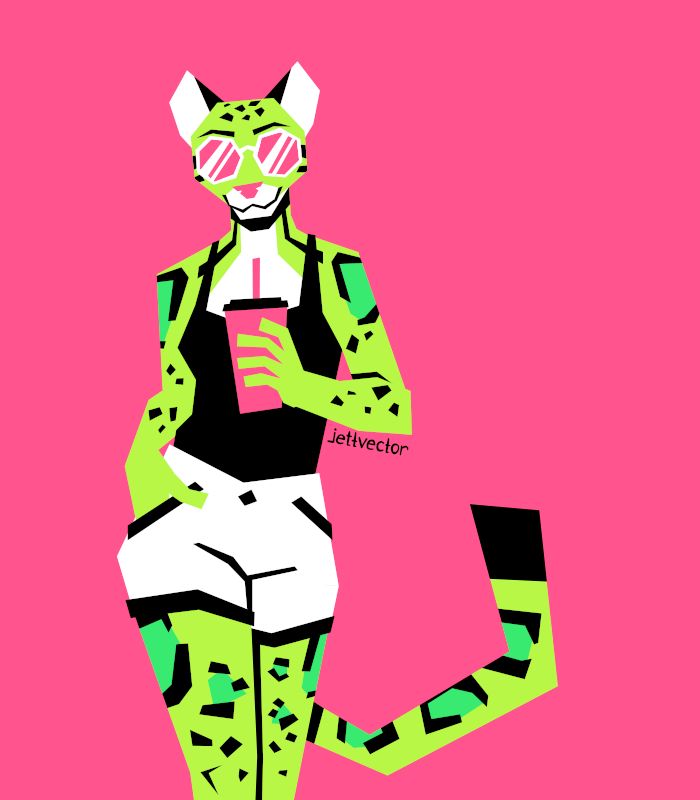 a lime green cloud leopard person from the knees up strutting towards the viewer with a confident smile on her face. her right hand is in her pocket while her left is holding a cup with a lid and straw at chest level. her tail is playfully swishing behind her. she's wearing a black tank top, high waisted white shorts with black trim, and large white framed sunglasses