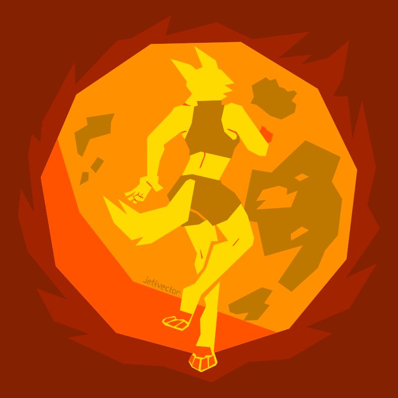 art of the back view of a yellow wolf person in the middle of a spin jump. she's wearing a crop top with a high neck and a matching pair of shorts. in the background is a large orange moon with craters surrounded by an implied fire in darker red. the sky is an even deeper red
