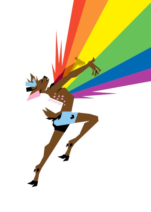 a shirtless deer person wearing short shorts and leaping into the air with arms outstretched, eyes shut, and head back, an homage to one of Sailor Moon's iconic transformation poses. a rainbow is shooting from their chest
