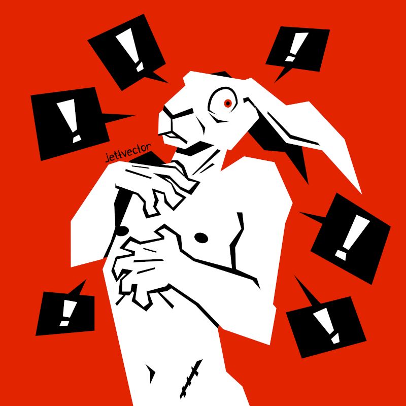 a shirtless white hare person from the hips up looking extremely nervous. his ears are laid back, his shoulders tensed up, and his upper arms held tightly against his body. he’s gripping his chest hard enough to see the tendons on his hands flex. the left side of his abdomen has a diagonal surgical scar. unlike most of jett's art, the hare's eye has a distinct pupil and iris. it's unclear if the wrinkles on his face and neck are from current fear, age, or both. surrounding him are six black speech bubbles with white exclamation points
