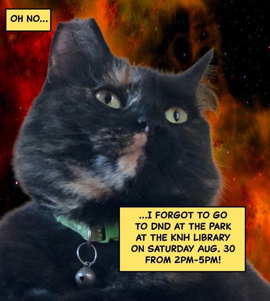 A tortoiseshell cat with a green collar, looking off into space with a space background. Two text boxes that are made to look like comic book style text say, 