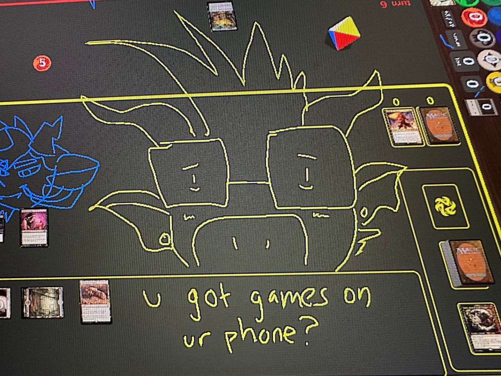 Doodle on tabletop simulator depicting a closeup shot of Junior asking “u got games on ur phone?”