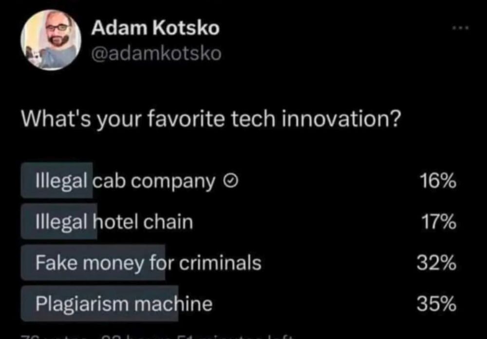 What's your favourite tech innovation?

1. Illegal cab company
2. Illegal hotel chain
3. Fake money for criminals
4. Plagiarism machine