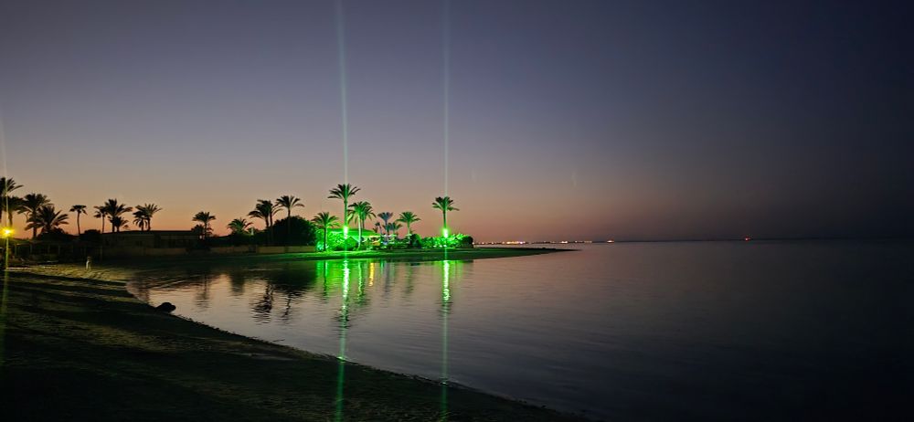 Ein Bild eines Strandes im Sonnenuntergang, zu sehen sind Palmen und helle, grüne Lichter, die sich im ruhigen Wasser spiegeln 
