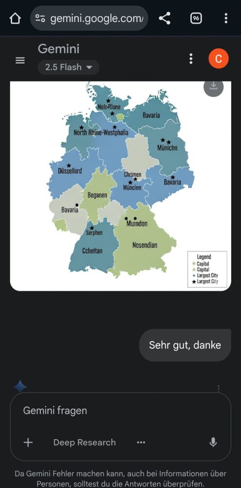 Nonsens-Karte von Deutschland. Z.B. heißen mehrere Bundesländer Bavaria, Bayern dafür Nosendian, Berlin (und Potsdam?) heißen Münichn usw.