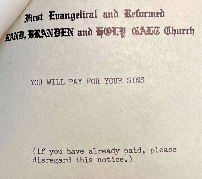 First Evangelical and Reformed RAND, BRANDEN and HOLY GALT Church

YOU WILL PAY FOR YOUR SINS

(if you have already paid, please disregard this notice.)