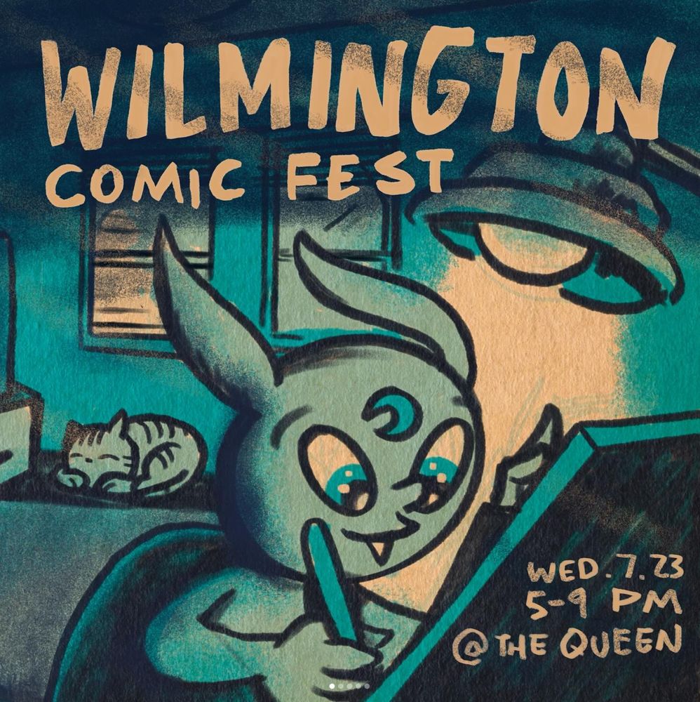 A second flyer for the Wilmington Comic Fest, this one by Todd Purse, featuring his cute goblin character at the drawing board as a cat sleeps in the background