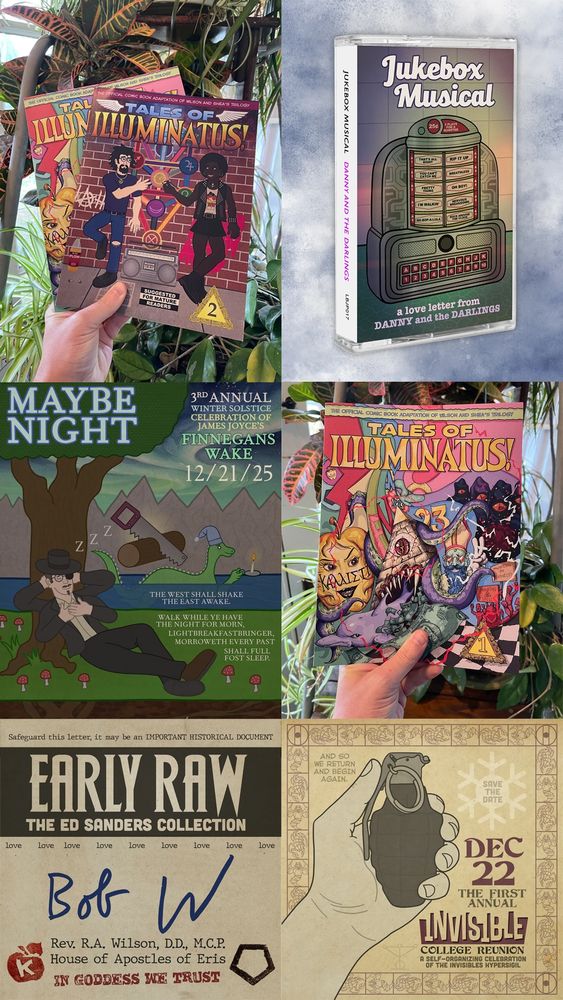 Collage of recent bc projects: Tales of Illuminatus!, Jukebox Musical, Maybe Night, Early RAW, and the as yet unannounced Invisible College Reunion