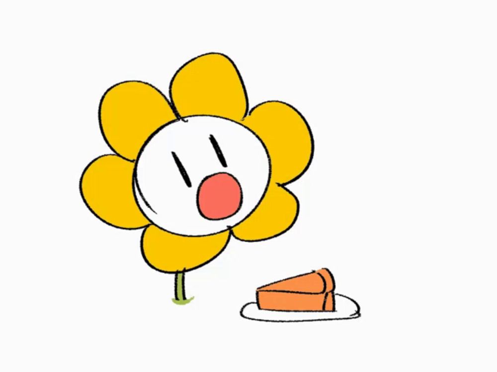 a cartoon of a flower with a slice of cake on a plate