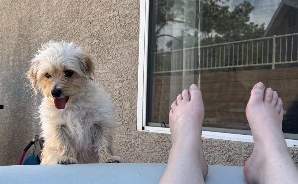 My feet hanging over the edge of the hot tub while my pup Helly observes