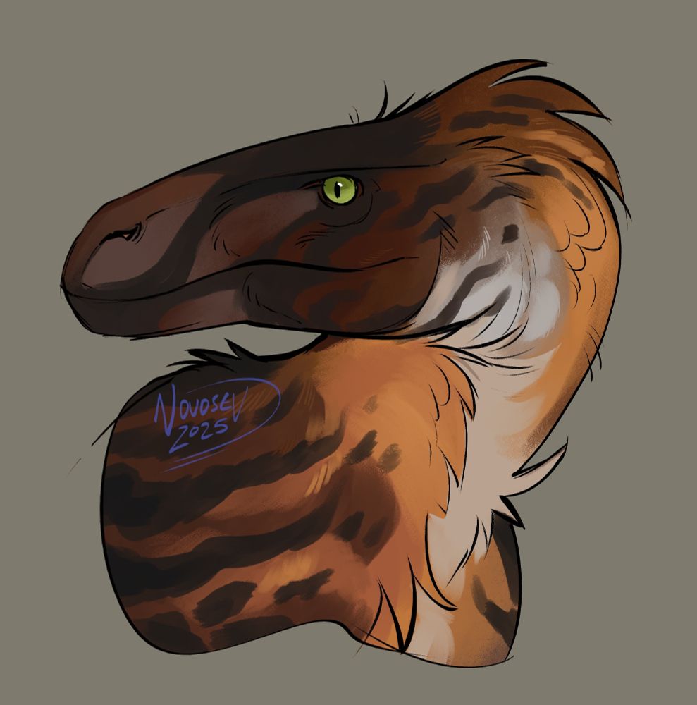 A rougher headshot of a Utahraptor, with orange, brown and tan markings akin to a wildcat. It has sharp green eyes.