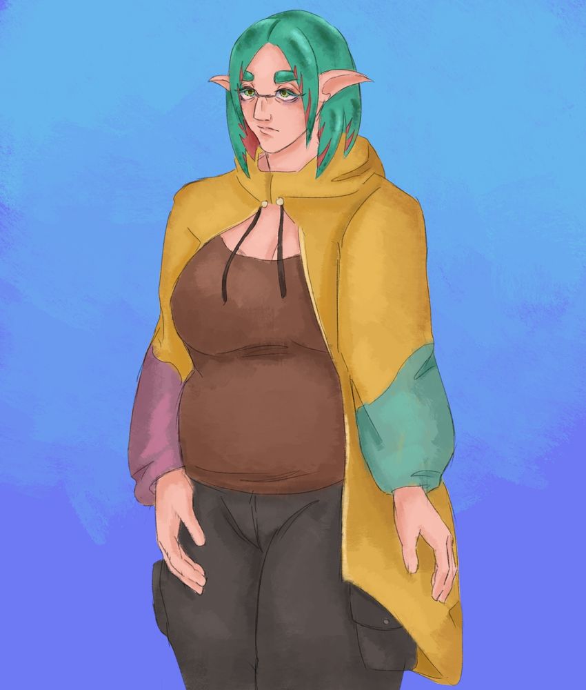 One of my new splatoon ocs named Edith. She is standing there kind 3/4 view. with her hands at her side with a placid face.  She is wearing a yellow jacket, a brown tank top and black cargo pants. Her hair is a teal color with red underside. And her eyes are also teal with yellow in the middle.

Edith is an inkling who was a part of Fern's team. She's kind of a loner and is often times more intrested in video games more than others around her. She also really hates Fern and often gets into arguments with her. Because of this she rarely shows up to practice.