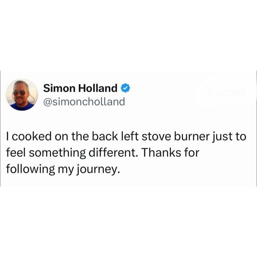 A post by @simoncholland that says, "I cooked on the back left stove burner just to feel something different. Thanks for following my journey." 