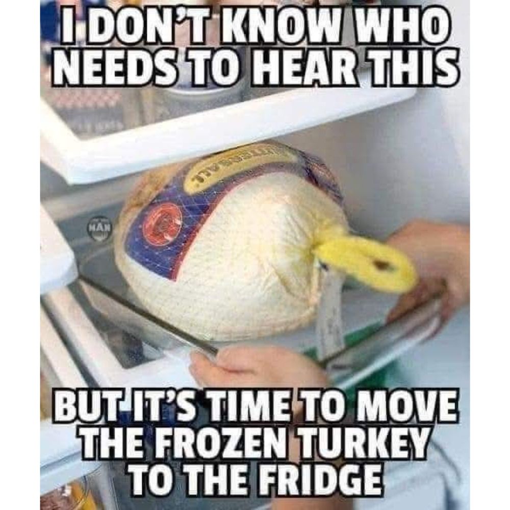 A picture of a frozen turkey being put into the refrigerator with the caption, "I don't know who needs to hear this but it's time to move the frozen turkey to the fridge." 