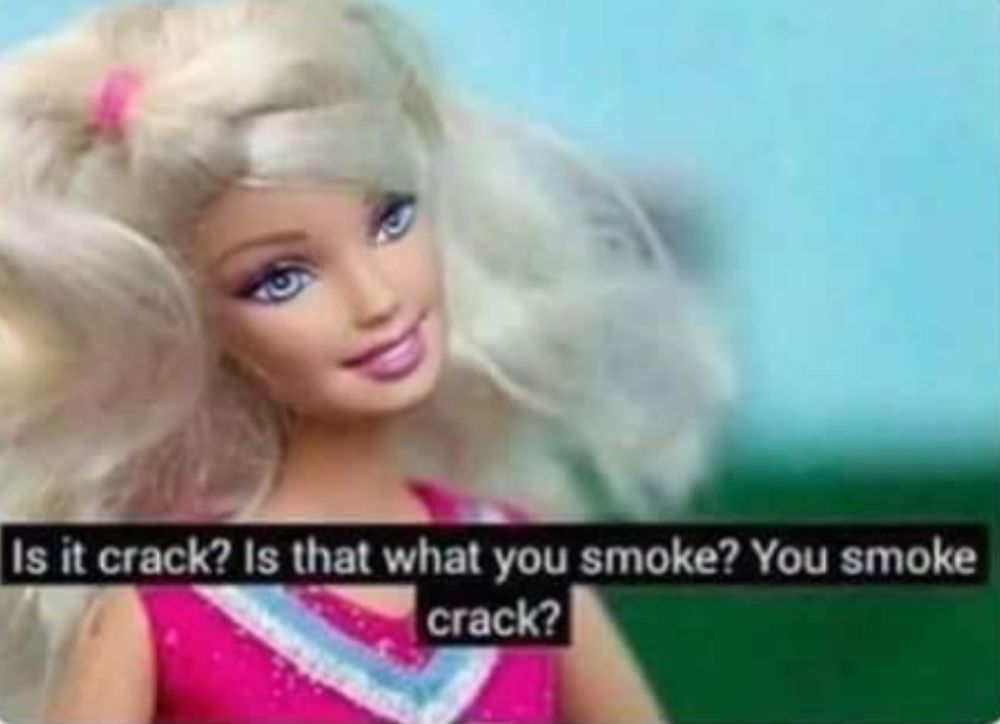 barbie, with her head cocked and saying “Is it crack? Is that what you smoke? You smoke crack?”