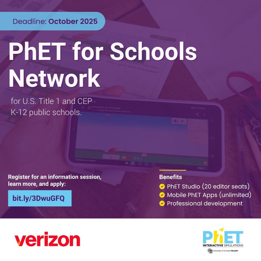 PhET for School Access promotional banner showing trojective motion sim on a mobile phone