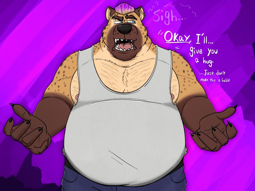 An anthropomorphic, burly hyena man stands up straight with a sidelong glance and an arched eyebrow, arms held outward in a gesture to hug.

He has tan primary fur, with a lighter tan accentuating his inner ear, eyes, and midsection. His outer ears, muzzle, and forearms are chocolate brown; same colored spots are speckled on his biceps, shoulders, and neck. 

The hyena man is very stocky with a prominent belly, neck folds, large pectorals, and a thick waist. His tank top is light gray and his jeans a navy blue. 