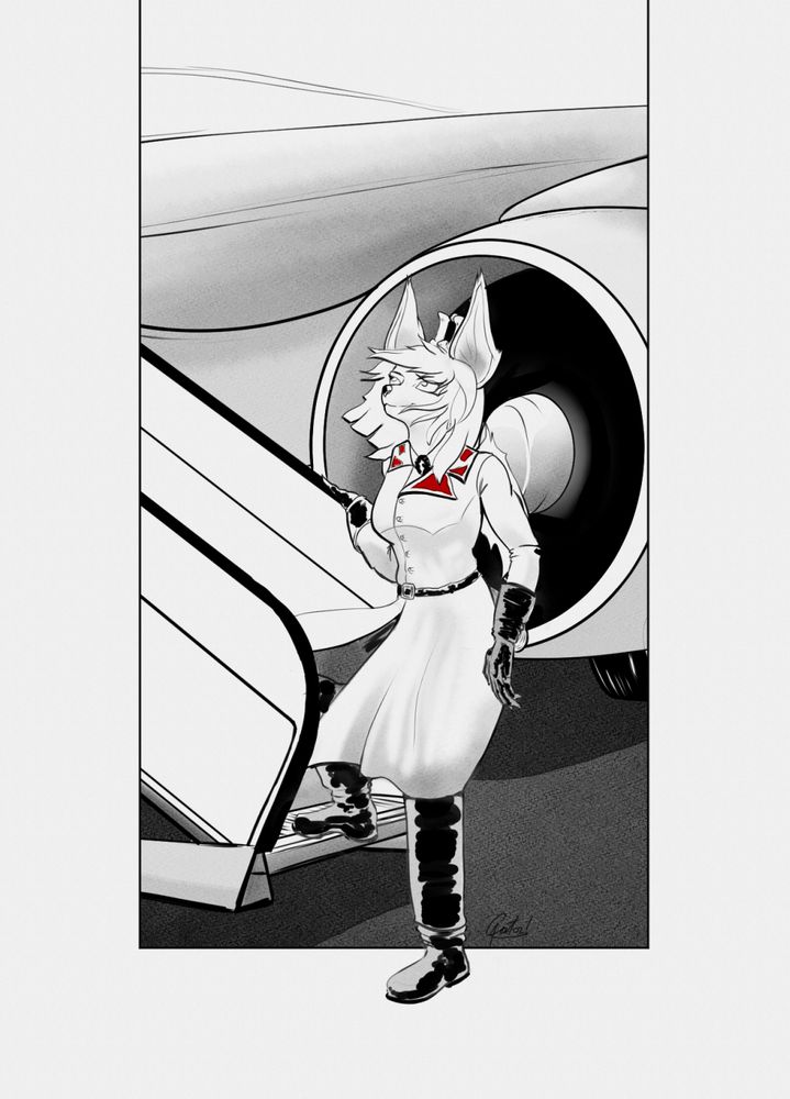 Lunebat, an anthro deer-bat chimera, stepping on the stairs on her way to get into an airplane.