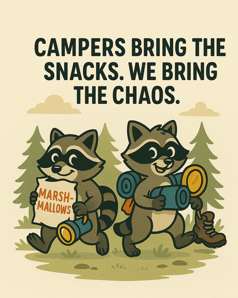 Two cartoon raccoons carrying camping gear and marshmallows away from a campsite — funny kids t-shirt design from FunscapeHQ.