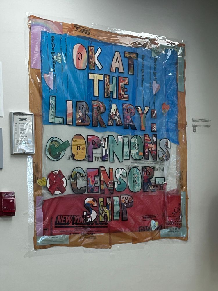 Picture that says “okay at the library” and then says opinions with a check next to it and censorship with an x next to it 
