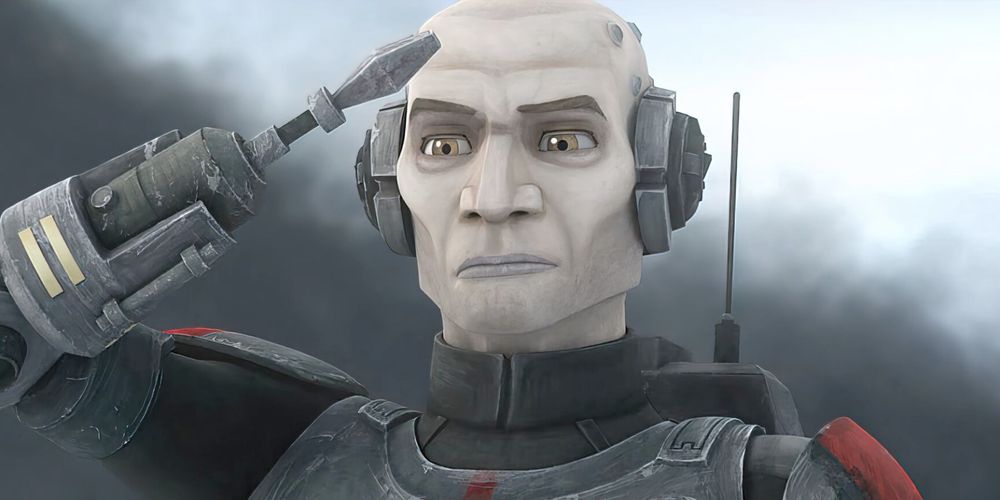 Echo, a clone trooper from the Bad Batch, salutes with his scomp prosthetic.