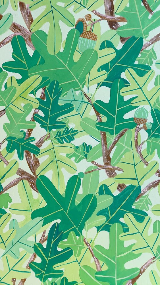 Close up from a repeat pattern of hand-painted intertwined green oak leaves.