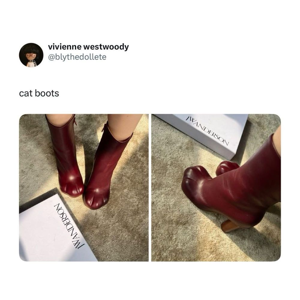 red heeled boots with cat paw shaped toes
