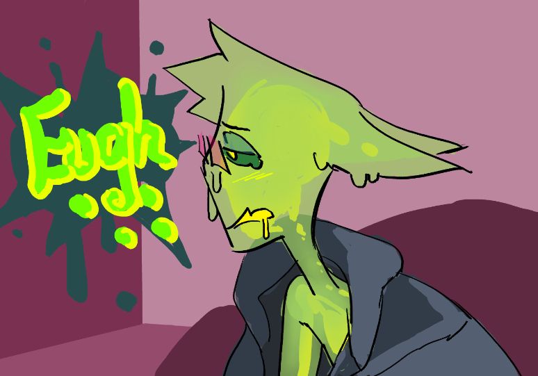 A sick slime boy with pointed animal ears and tinted glasses. He is in a purple room, and he is also wrapped in a blue comforter. The word "Eugh" is written next to his head in bubble lettering.