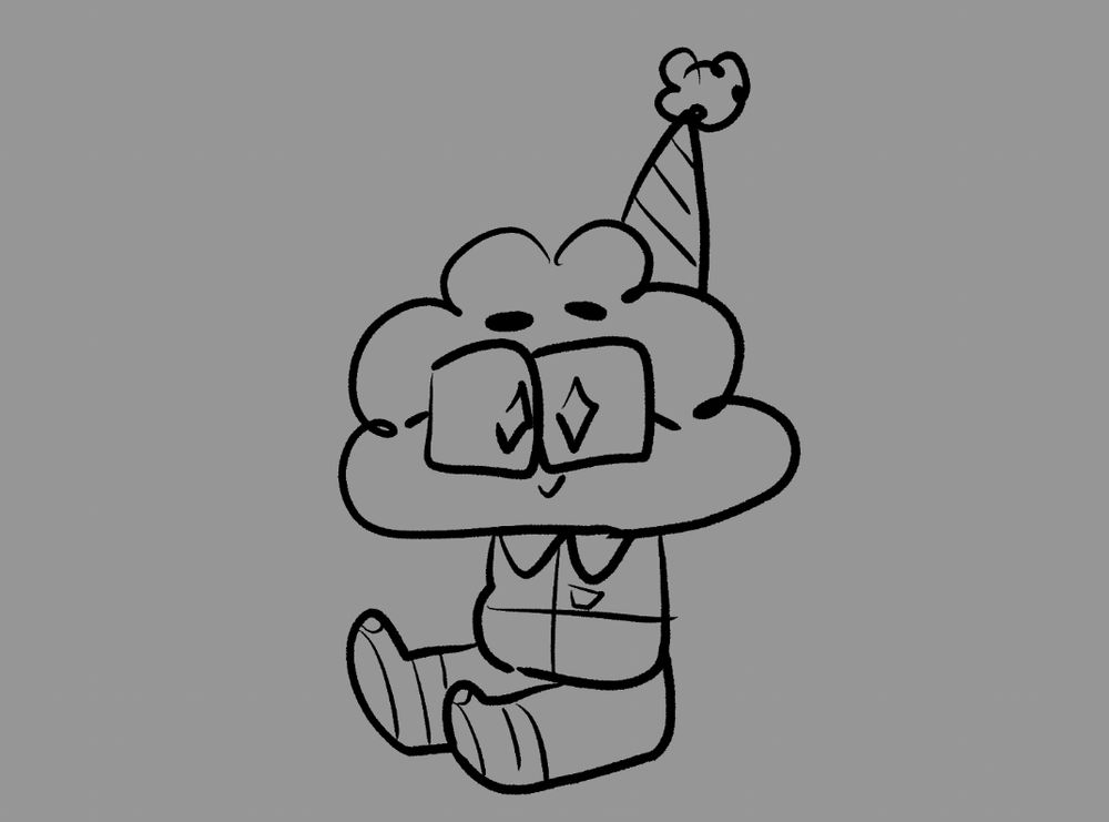A chibi form of Roshan sitting down with no arms and a birthday hat on smiling