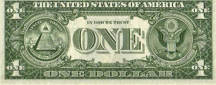 US one dollar bill, "In God We Trust" is printed above the word "ONE"