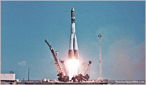 colour photo, Vostok K rocket lifting off from launchpad