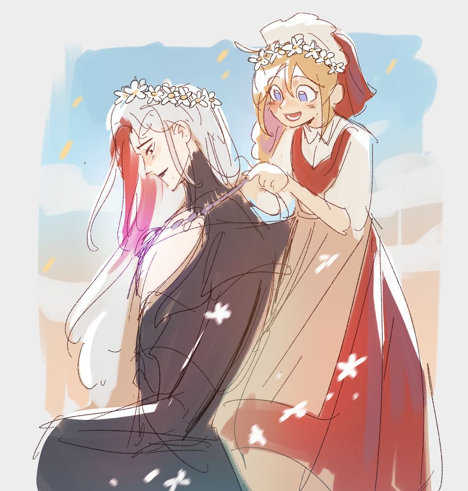 serene moment. mila is putting a purple necklace around arlotts neck as he looks down on the gem with fondness. 