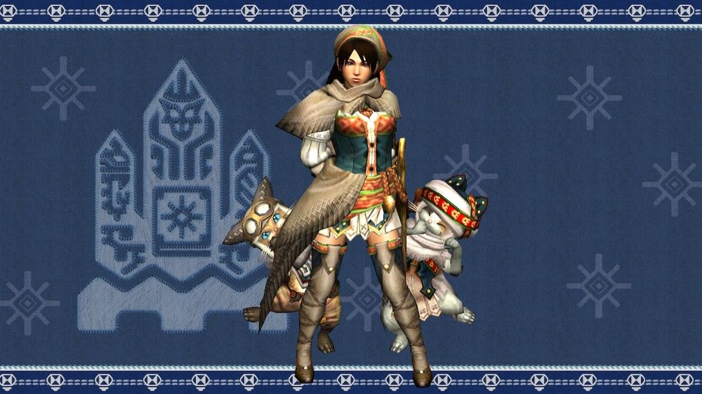 MHGU guild card with the Hunter in Bherna gear, and two Palicos.